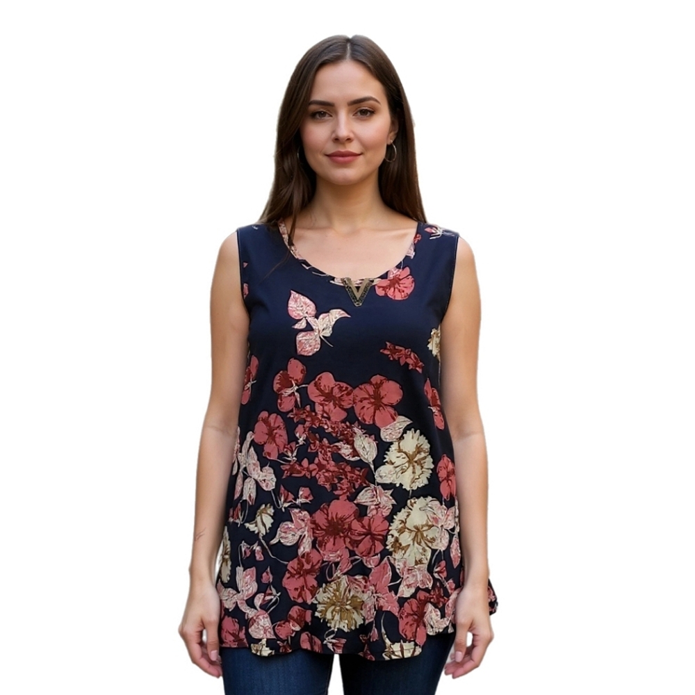 Navy & Pink Floral Tunic Tank with Medallion Detail